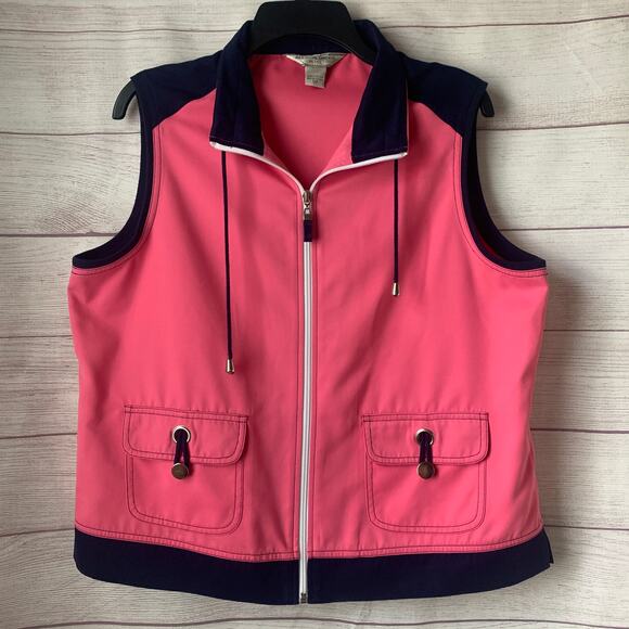 Allison Daley Petite Pink Navy Blue Vest Zip Up Drawstring Mock Neck Size 12P - Picture 1 of 16